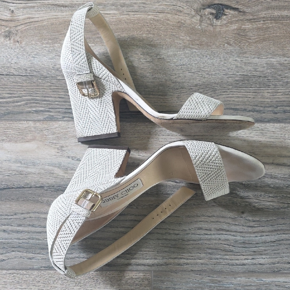 Jimmy Choo Cream Woven Leather Ankle-Strap Heels - Picture 3 of 10